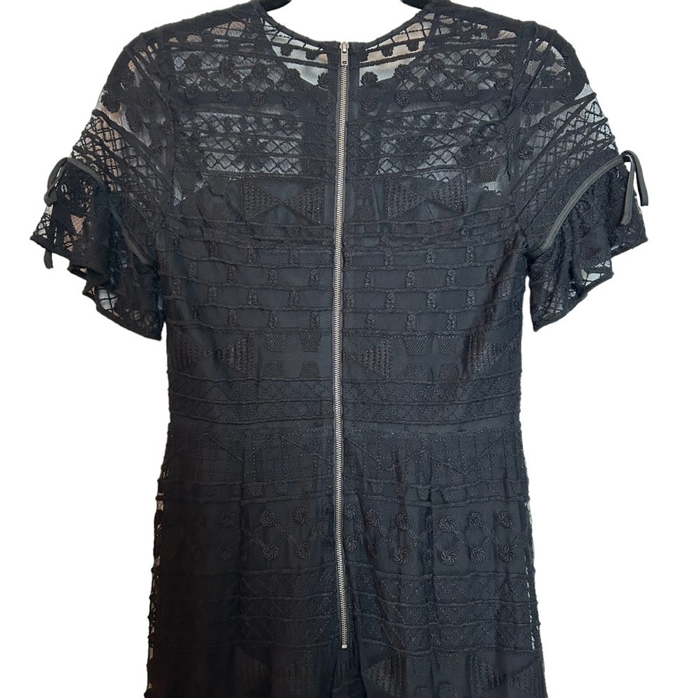 Parker Short Sleeve Lace & Lace Up Front Tiered Ruffled BLACK Lined Midi Dress - Picture 8 of 16